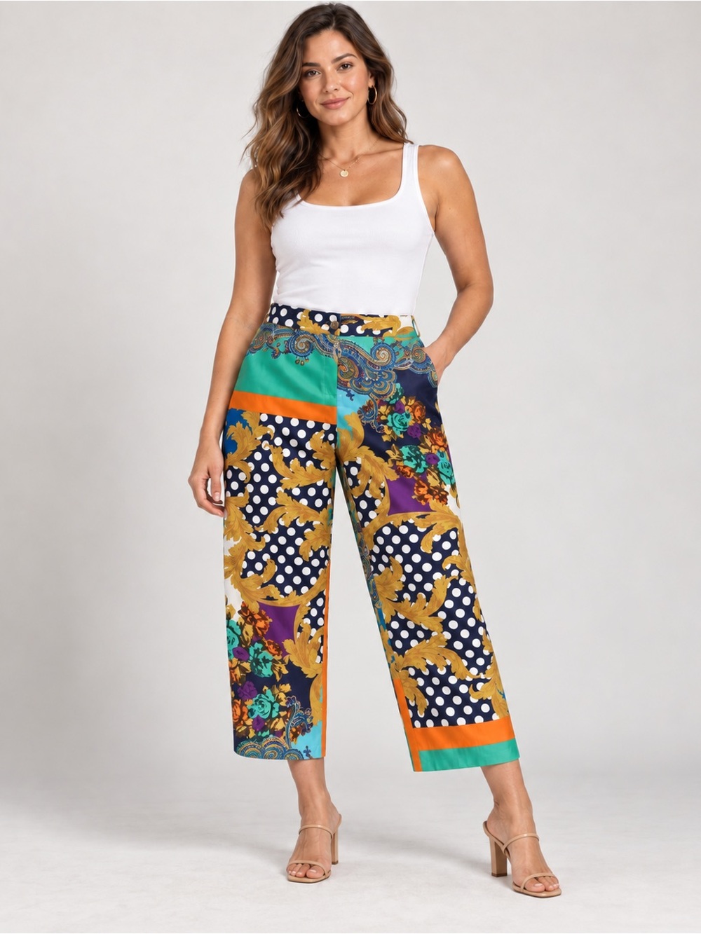INSIGHT Size 14 Baroque Scarf Print Cropped Pants Multicolor